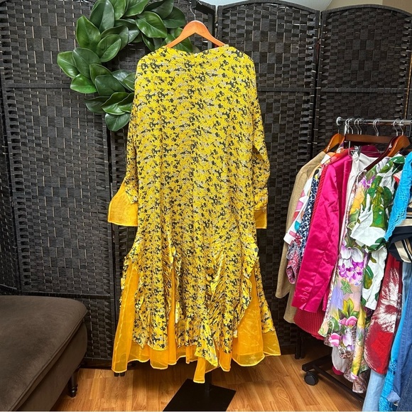 Jenny T golden yellow navy blue frilly Aline dress ruched pleats 1X - Picture 7 of 12